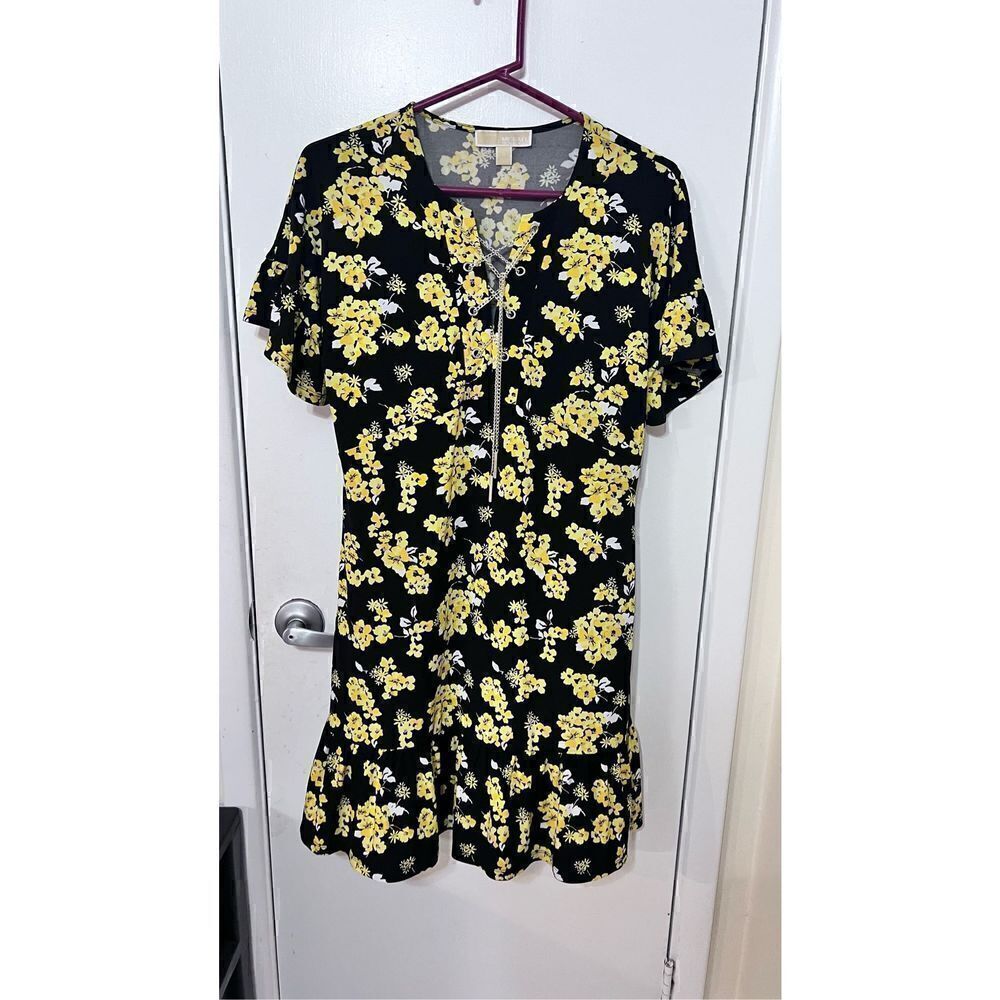 Michael Kors Women's Chain Tie-Up Floral Shift Dress Black Yellow Size Small